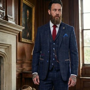 TP-32 - Men's Navy Blue 3 Piece Wool Blend Tweed Suit-TruClothing