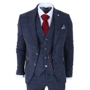 TP-32 - Men's Navy Blue 3 Piece Wool Blend Tweed Suit-TruClothing