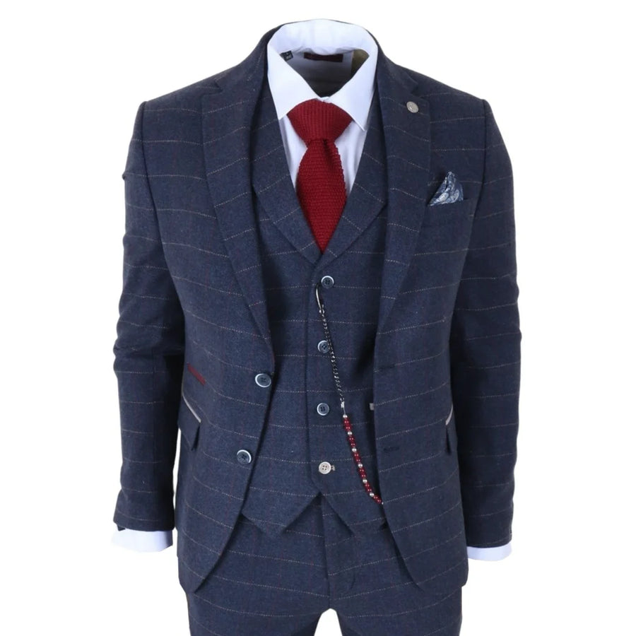 TP-32 - Men's Navy Blue 3 Piece Wool Blend Tweed Suit-TruClothing