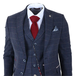 TP-32 - Men's Navy Blue 3 Piece Wool Blend Tweed Suit-TruClothing