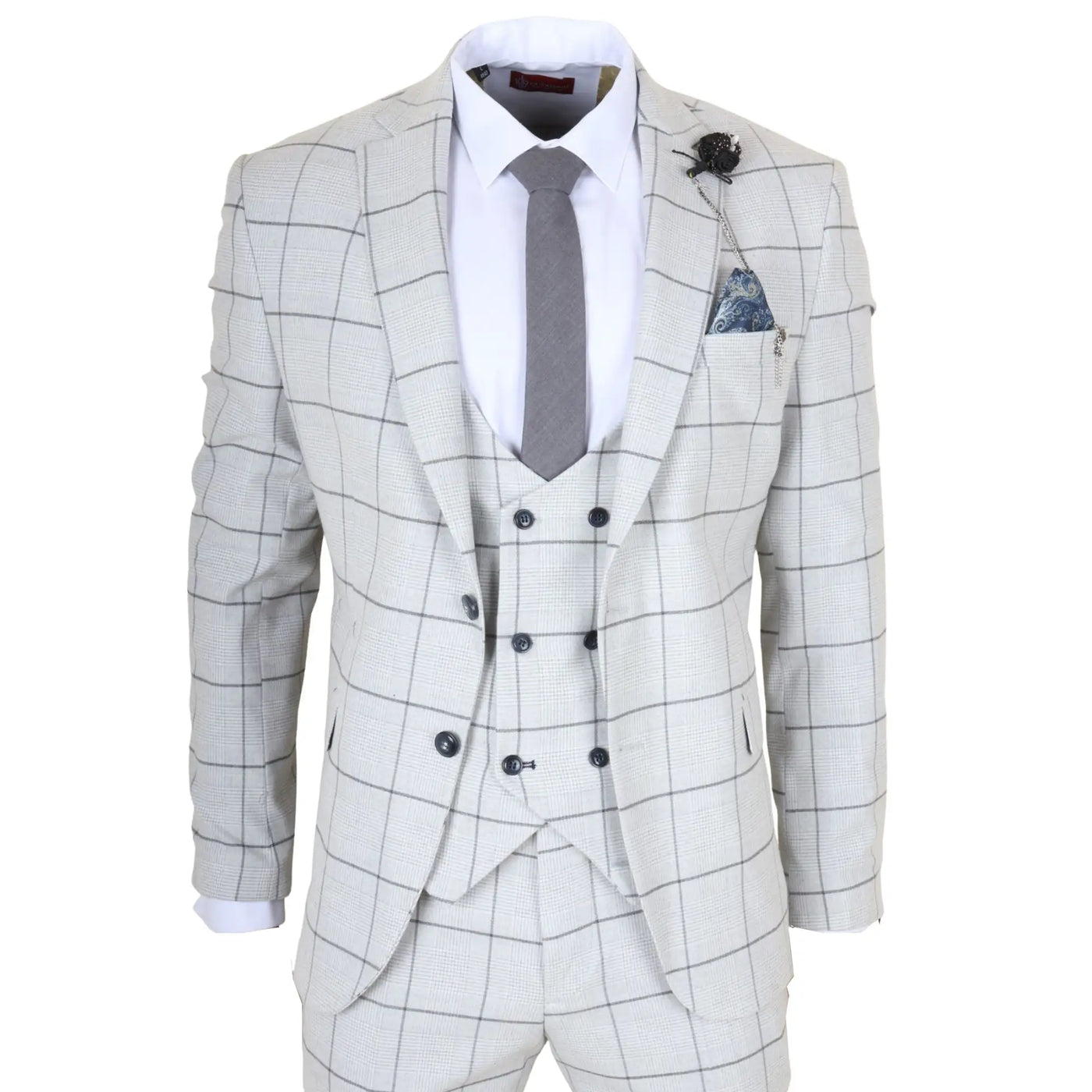 TP-33 - Men's 3 Piece Tailored Fit Grey Plaid Check Suit