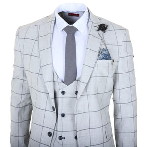 TP-33 - Men's 3 Piece Tailored Fit Grey Plaid Check Suit