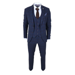 TP-34 - Traje de 3 piezas para hombre, de corte entallado, con estampado de cuadros azul marino