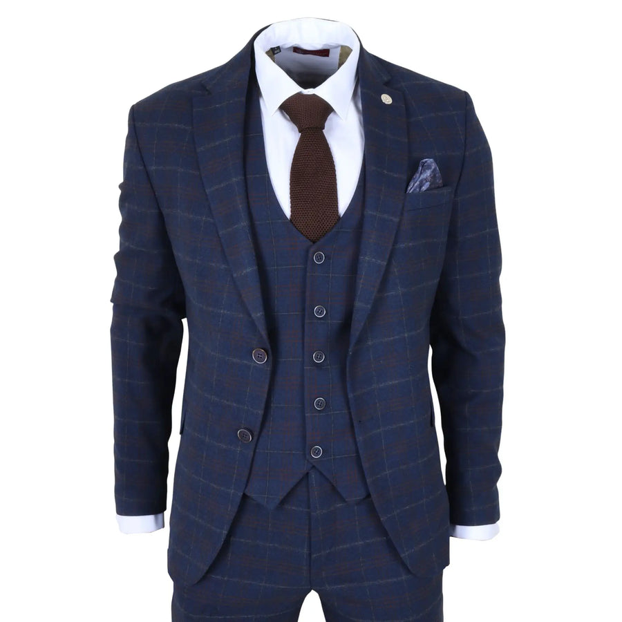 TP-34 - Men's 3 Piece Navy Plaid Check Tailored Fit Suit
