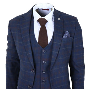 TP-34 - Traje de 3 piezas para hombre, de corte entallado, con estampado de cuadros azul marino
