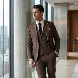 TP-50 - Men's Brown 3 Piece Prince Of Wales Check Suit-TruClothing