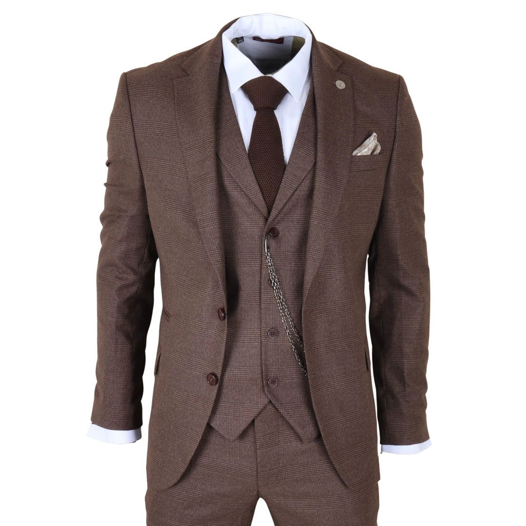 TP-50 - Men's Brown 3 Piece Prince Of Wales Check Suit-TruClothing