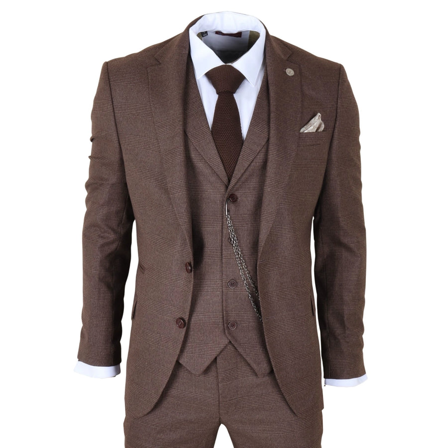TP-50 - Men's Brown 3 Piece Prince Of Wales Check Suit-TruClothing