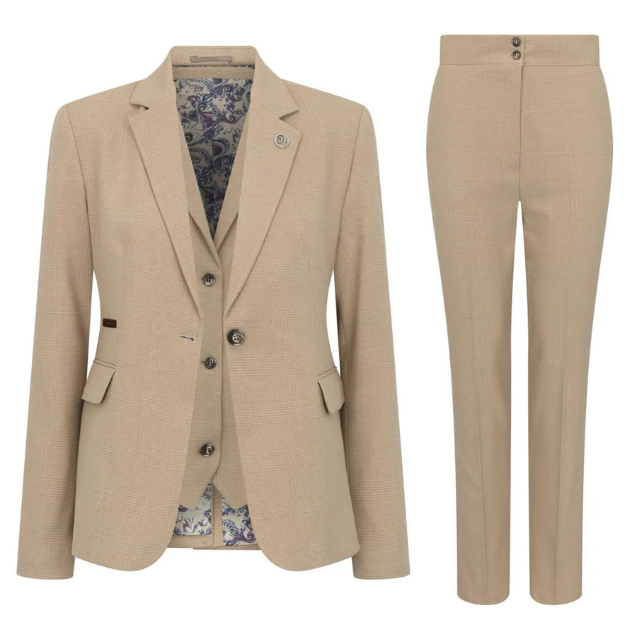 TPW-54 - Women's Cream 3 Piece Prince of Wales Check Suit-TruClothing