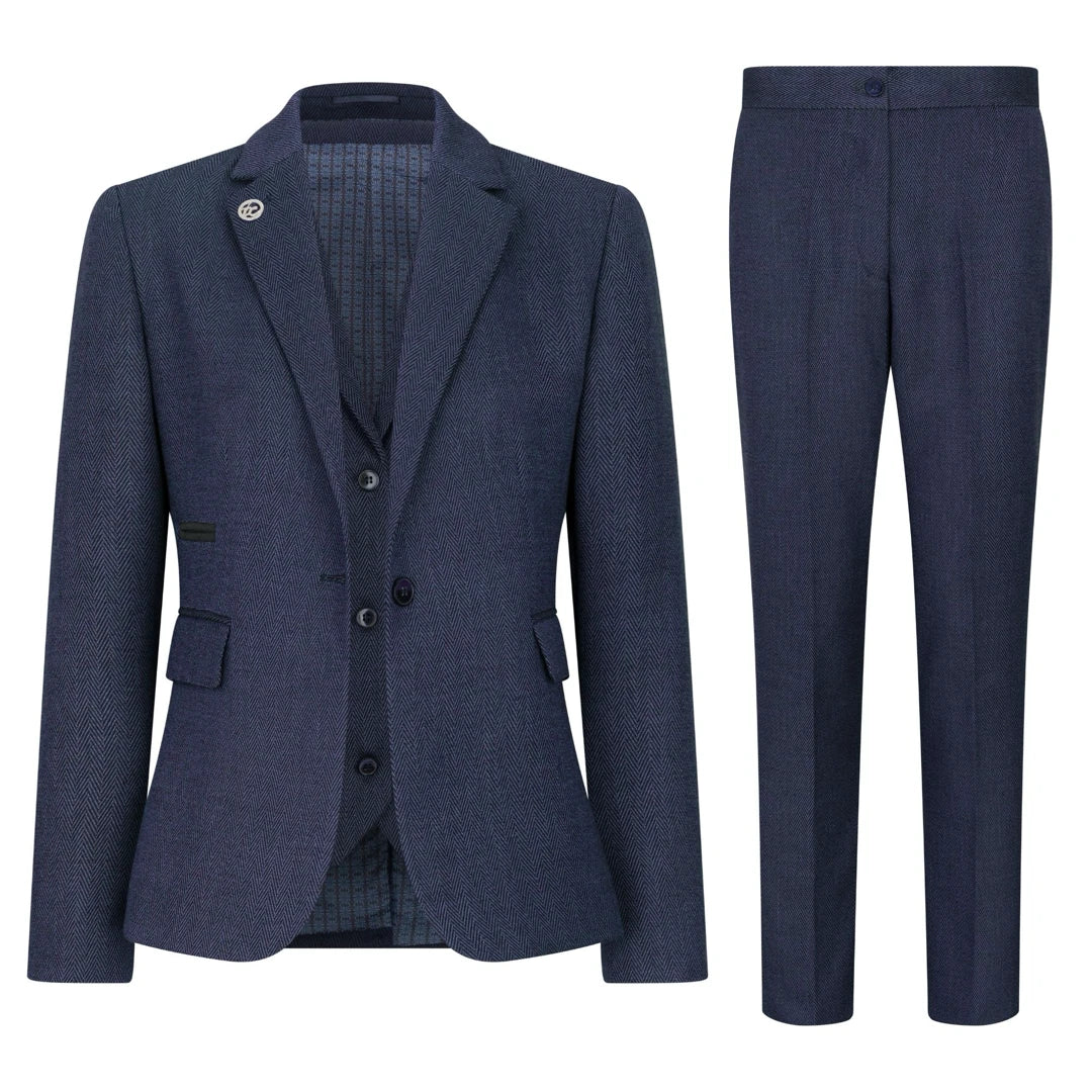 TPW-AK-04 - Women's Navy 3 Piece Herringbone Tweed Suit-TruClothing