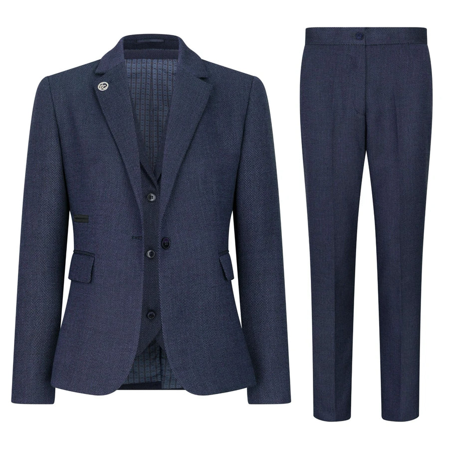 TPW-AK-04 - Women's Navy 3 Piece Herringbone Tweed Suit-TruClothing