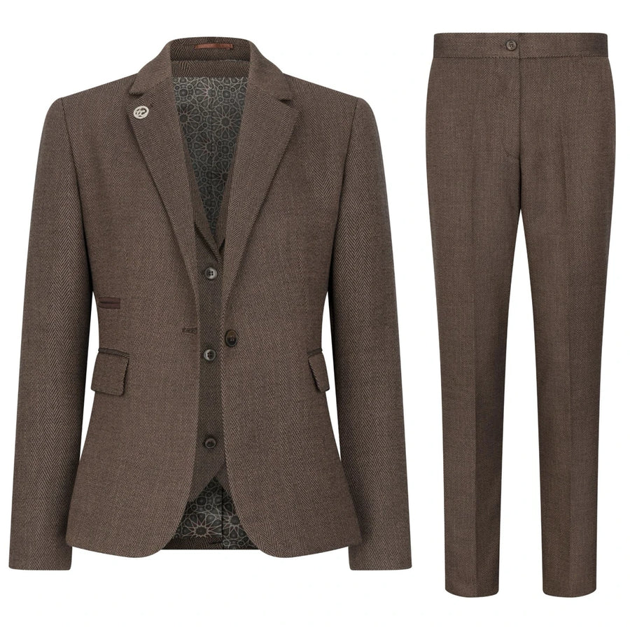 TPW-AK-06 - Women's Brown 3 Piece Herringbone Tweed Suit-TruClothing