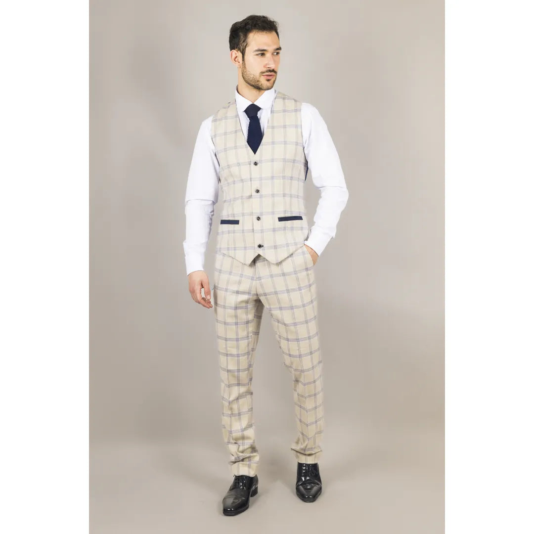 Warwick - Men's 3 Piece Beige Checked Suit
