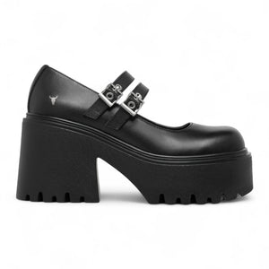 Lessons - Women's Black Leather Chunky Heel Buckle Shoes