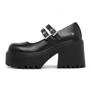 Lessons - Women's Black Leather Chunky Heel Buckle Shoes