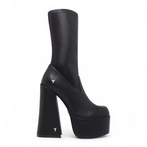 Saviour – Schwarze, wadenhohe Gothic-Stiefel mit Plateauabsatz für Damen