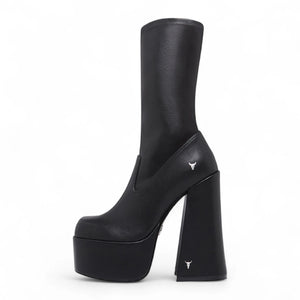 Saviour – Schwarze, wadenhohe Gothic-Stiefel mit Plateauabsatz für Damen