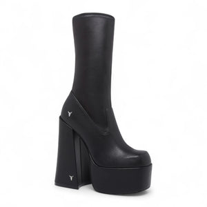 Saviour – Schwarze, wadenhohe Gothic-Stiefel mit Plateauabsatz für Damen