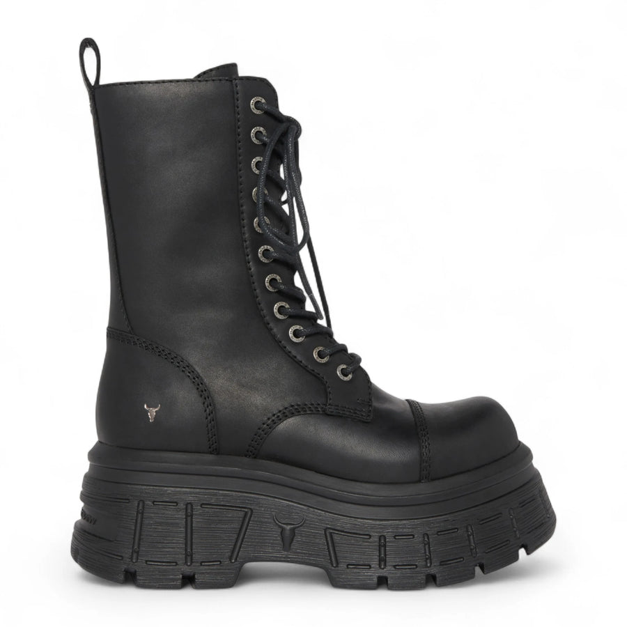 Screaming - Women's Black Mid-Calf Leather Platform Boots