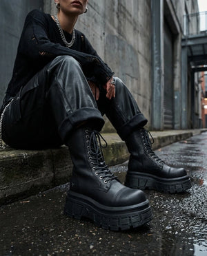 Screaming - Women's Black Mid-Calf Leather Platform Boots