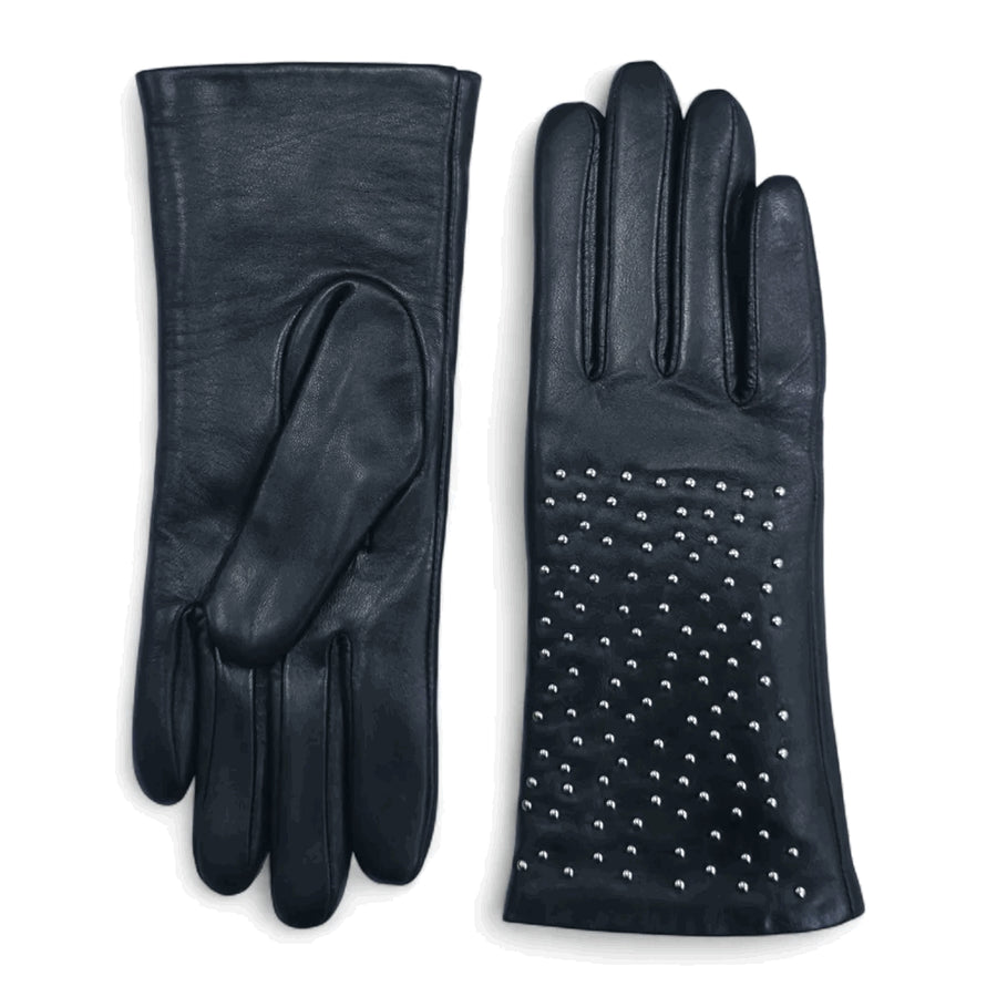 Women’s Leather Studded Wool Lining Fashion Gloves - Black - Infinity Leather - 1