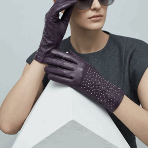 Women’s Leather Studded Wool Lining Fashion Gloves-TruClothing