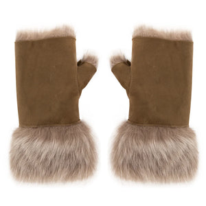 Women’s Suede Leather Shearling Lined Fingerless Gloves-TruClothing