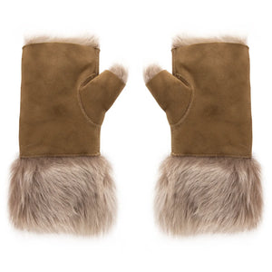 Women’s Suede Leather Shearling Lined Fingerless Gloves-TruClothing