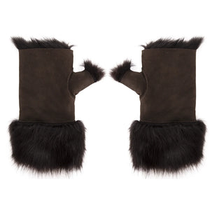 Women’s Suede Leather Shearling Lined Fingerless Gloves-TruClothing