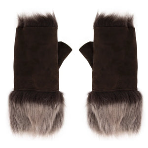 Women’s Suede Leather Shearling Lined Fingerless Gloves-TruClothing