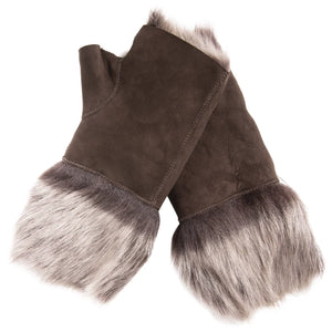 Women’s Suede Leather Shearling Lined Fingerless Gloves-TruClothing
