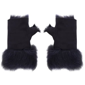 Women’s Suede Leather Shearling Lined Fingerless Gloves-TruClothing