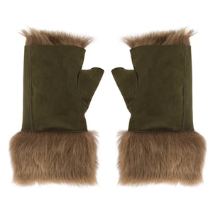 Women’s Suede Leather Shearling Lined Fingerless Gloves-TruClothing