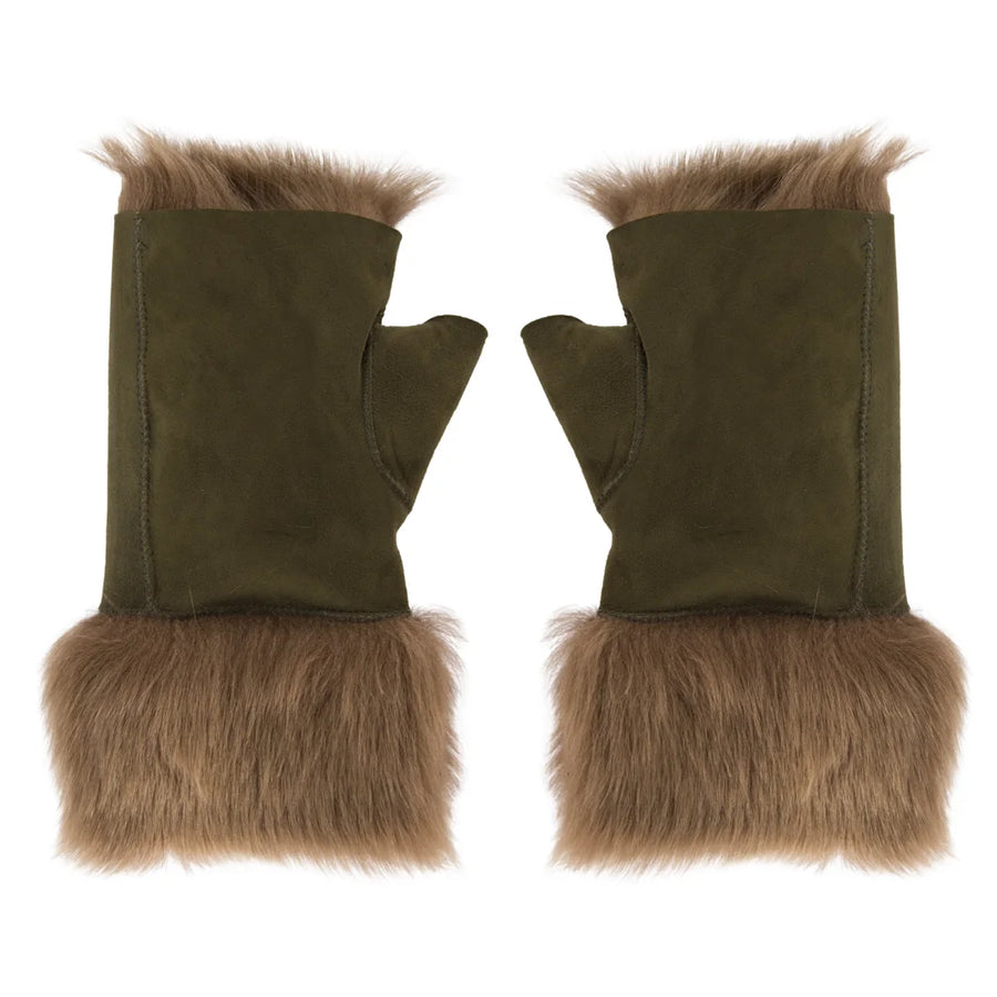 Women’s Suede Leather Shearling Lined Fingerless Gloves-TruClothing