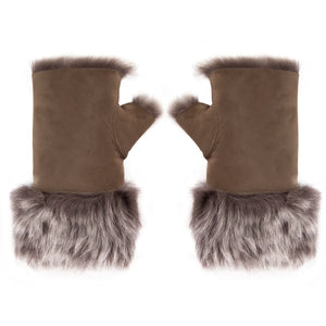 Women’s Suede Leather Shearling Lined Fingerless Gloves-TruClothing