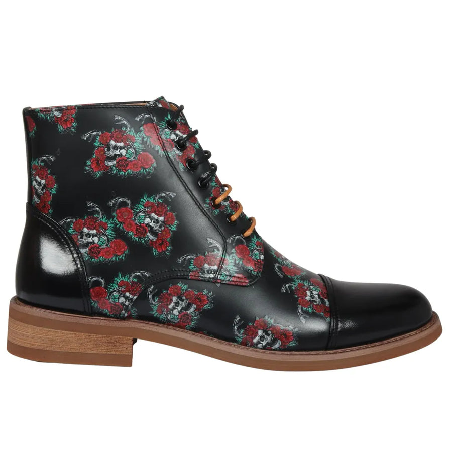 Adam - Buty za kostkę męskie czarne w kwiatowo-czaszkowy nadruk skórzane oxfordowe - Czarny - Justin Reess - 1