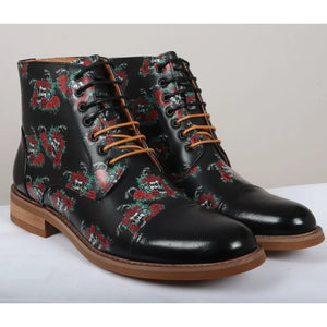 Adam - Men's Black Floral Skull Print Leather Oxford Boots - Justin Reess - 2