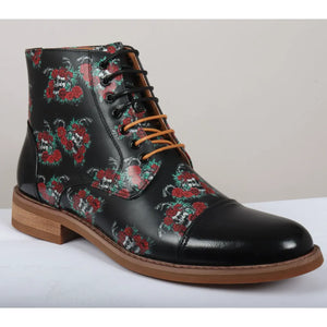 Adam - Men's Black Floral Skull Print Leather Oxford Boots - Justin Reess - 3
