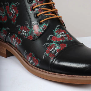 Adam - Men's Black Floral Skull Print Leather Oxford Boots - Justin Reess - 4