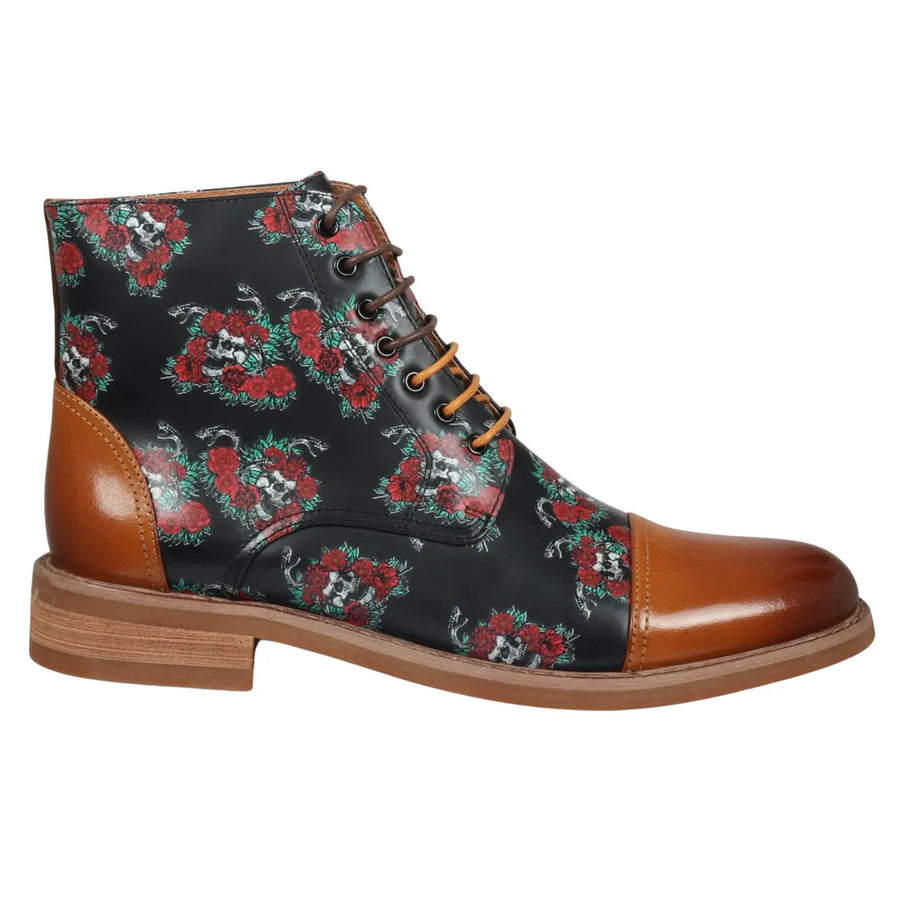 Adam - Men's Brown Floral Skull Print Leather Oxford Boots - Justin Reess - 1