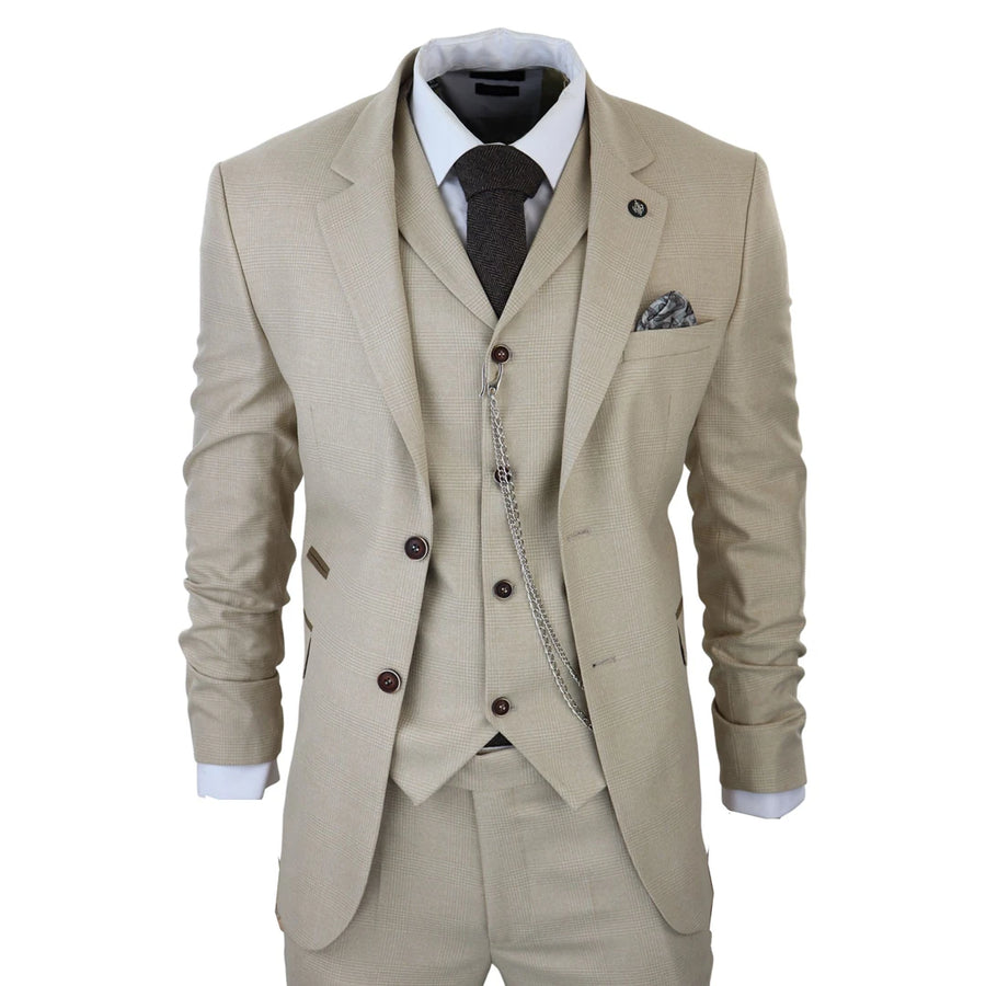 Herren 3 Teilig Anzug Prinz von Wales Karo Creme Beige Vintage Hochzeit - TruClothing.com - 1