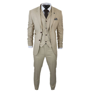Herren 3 Teilig Anzug Prinz von Wales Karo Creme Beige Vintage Hochzeit - TruClothing.com - 3