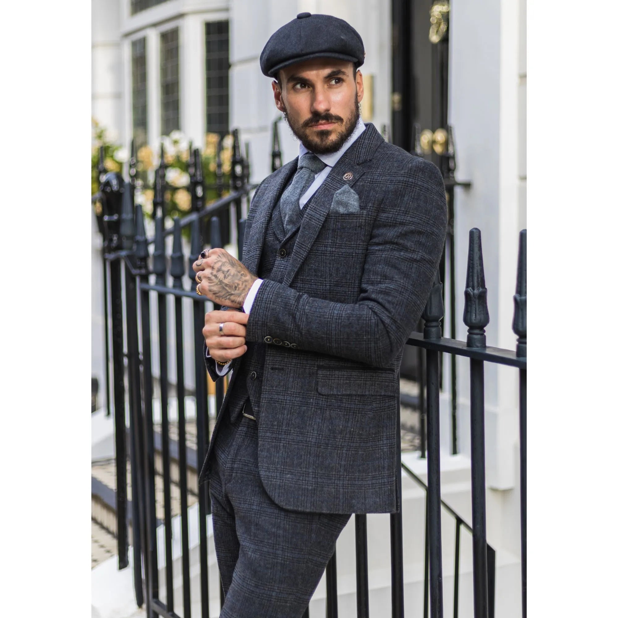 Mens grey tweed 3 piece suit discount