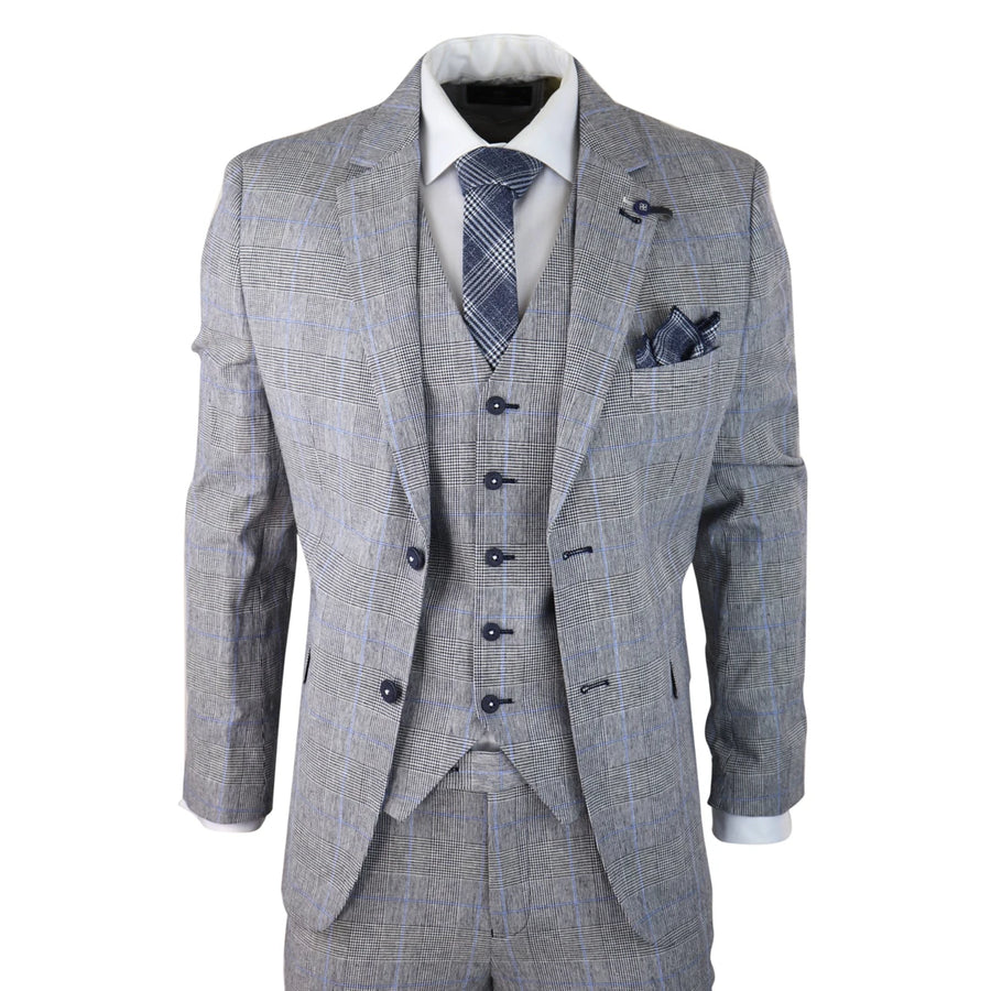 Traje de verano de 3 piezas en color gris de cuadros ideal para ocasiones formales como bodas para hombre - House of Cavani - 1