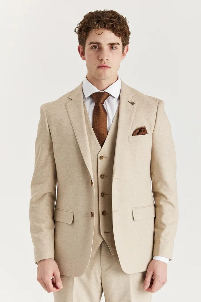 Belmont - Traje clásico de 3 piezas para hombre en beige con solapa de costura