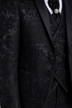 Boys Black Jacquard Floral Shawl Lapel Tuxedo 4-Piece Suit - Brunello - 5