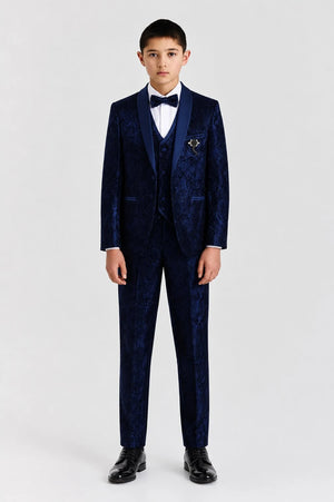 Boys Navy Blue Paisley Jacquard Brocade Tuxedo 4-Piece Suit - Brunello - 2