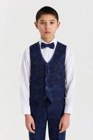 Boys Navy Blue Paisley Jacquard Brocade Tuxedo 4-Piece Suit - Brunello - 4