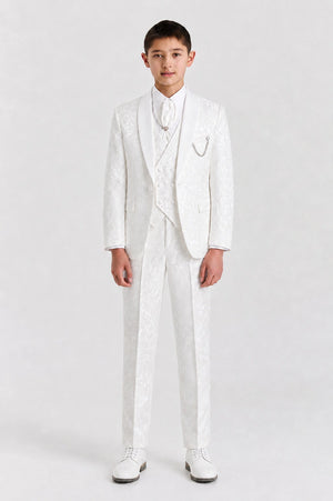 Boys White Floral Jacquard 4-Piece Shawl Lapel Suit - Brunello - 2