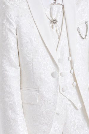 Boys White Floral Jacquard 4-Piece Shawl Lapel Suit - Brunello - 3